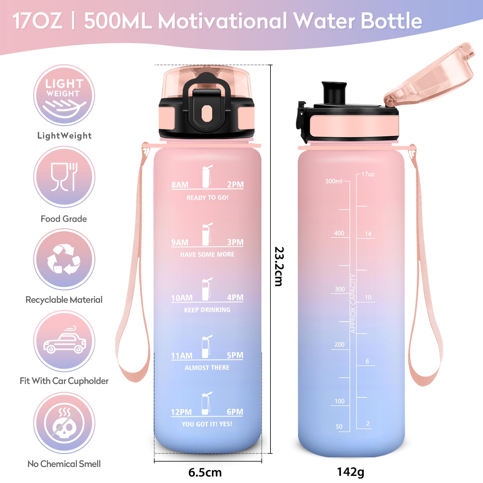 Borraccia 500ml, Bottiglia senza BPA, Borraccia con Filtro, Bottiglia Riutilizzabile, Borraccia Sportiva con Marcatori Temporali, A Prova di Perdite, Borraccia Sport per Bambini, Scuola, Ufficio