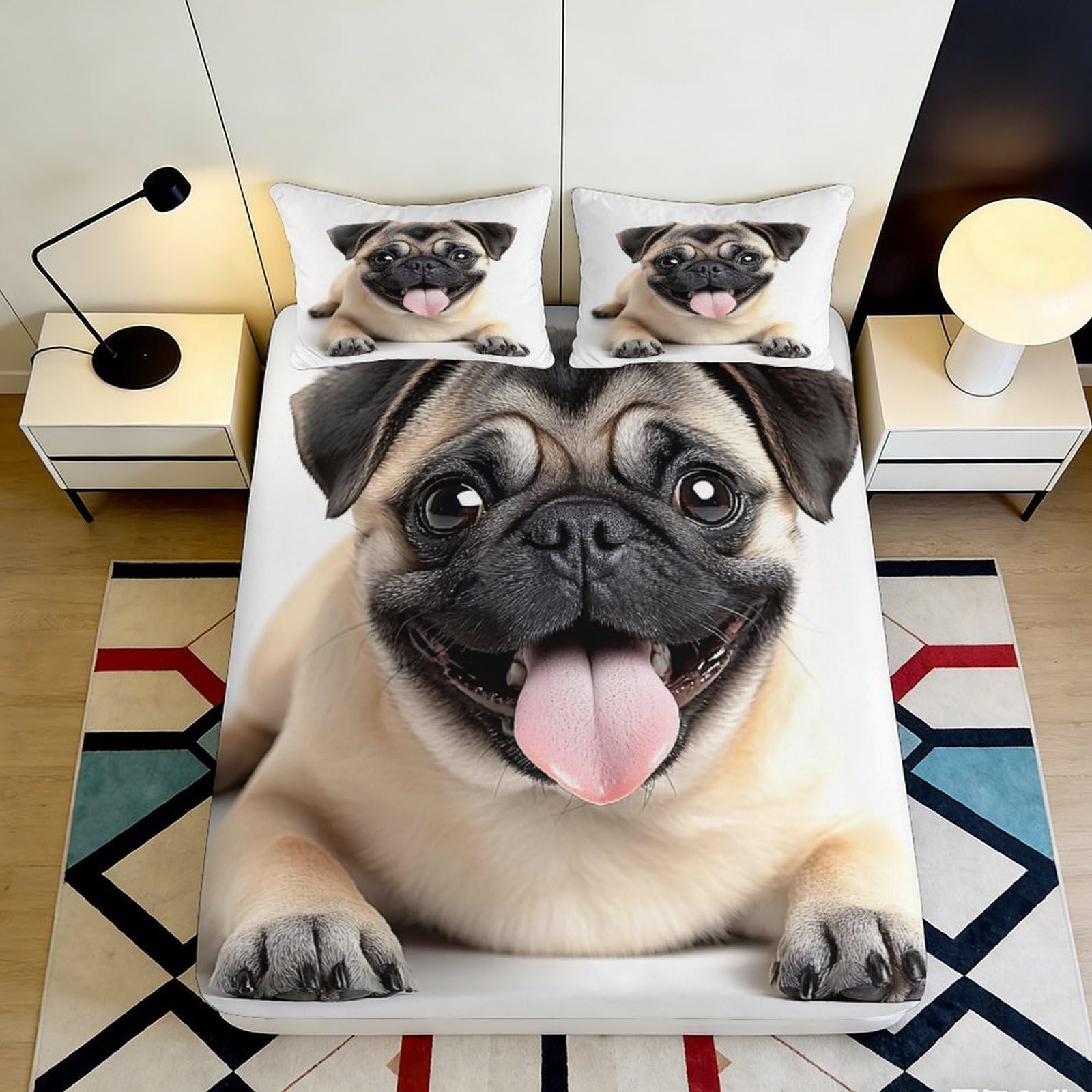 3D Printed Pug Dog Fitted Sheet Microfiber Soft Breathable Puppy Face Bed Cover for Bedroom Dormitory Guest Room Mattress Protection Decor 120x200x25cm