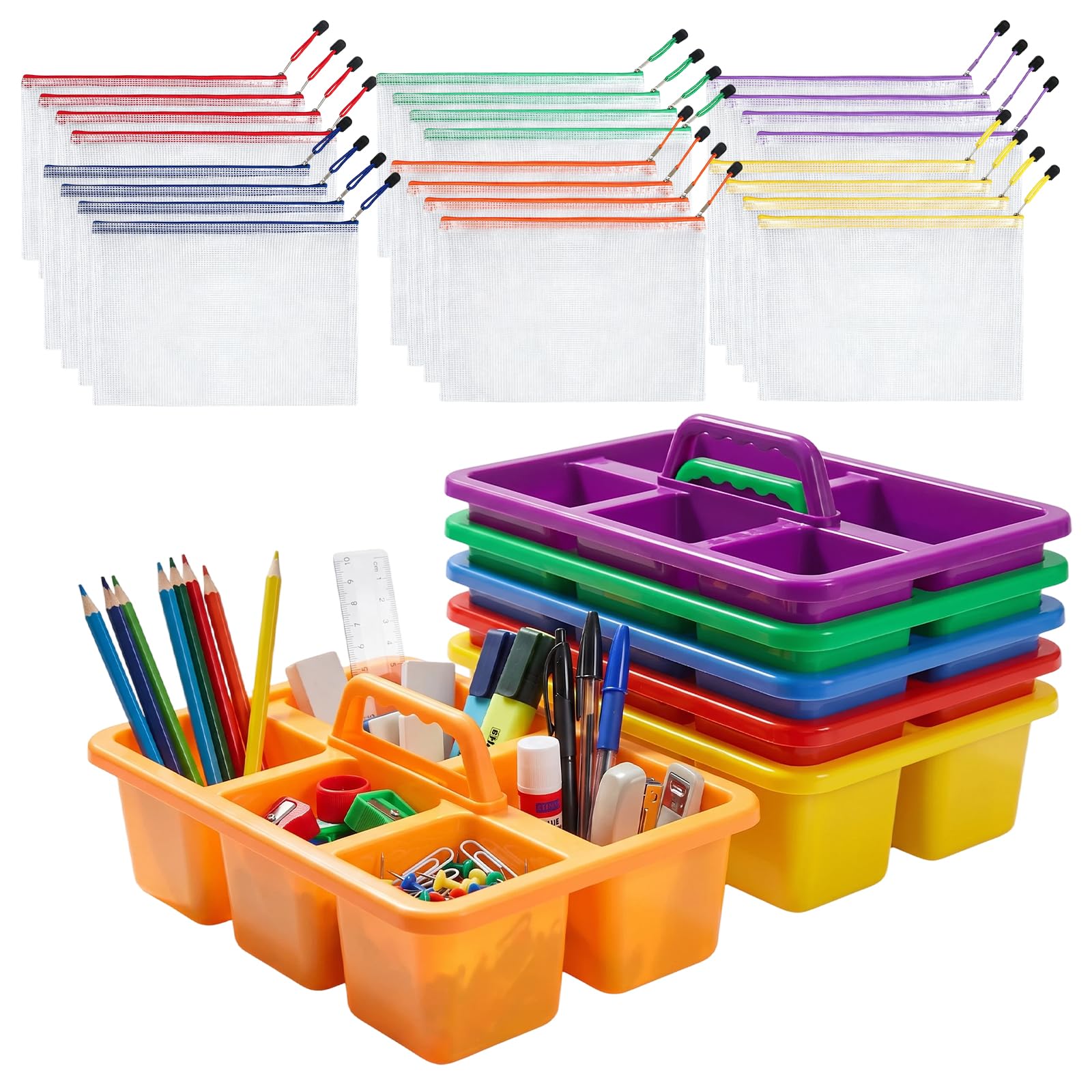 Ialtsidws 6 Pack Multiuse Caddy Organizer - Classroom Caddy with Handle & 5 Compartments, Portable Plastic Table Caddies Holder for Teacher, Desk, Art, School Supply Storage for Markers, Crayons