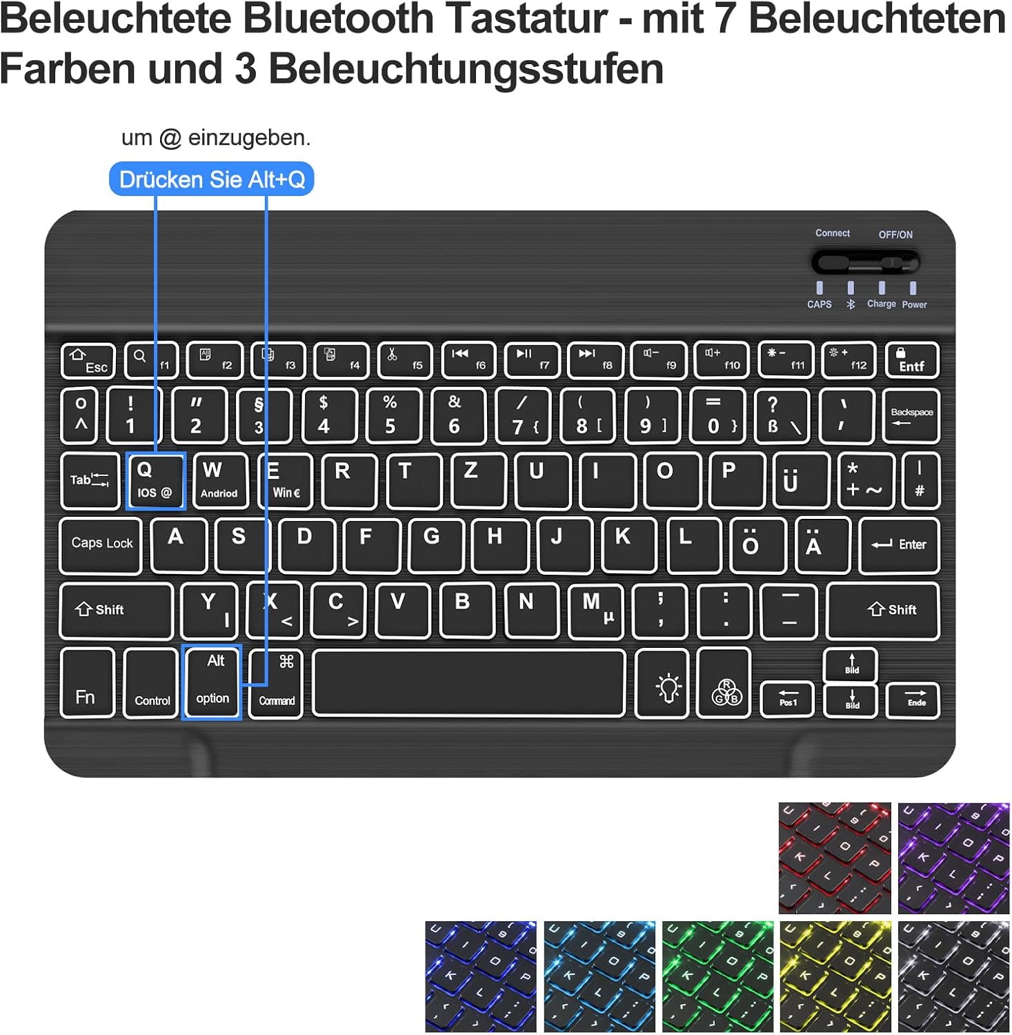 Backlit Bluetooth keyboard with 7 colors and 3 brightness levels