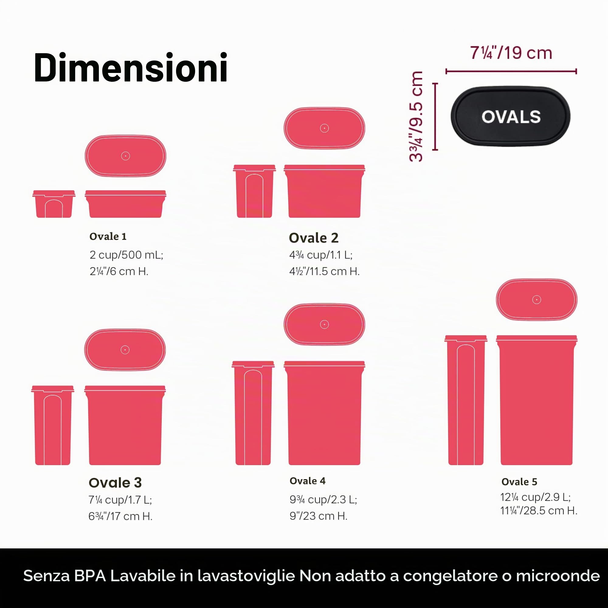 Tupperware Brand Modular Mates - Set di 5 contenitori ovali per alimenti secchi con coperchi (2, 4, 7, 9 e 12 tazze) – ermetici, lavabili in lavastoviglie e senza BPA