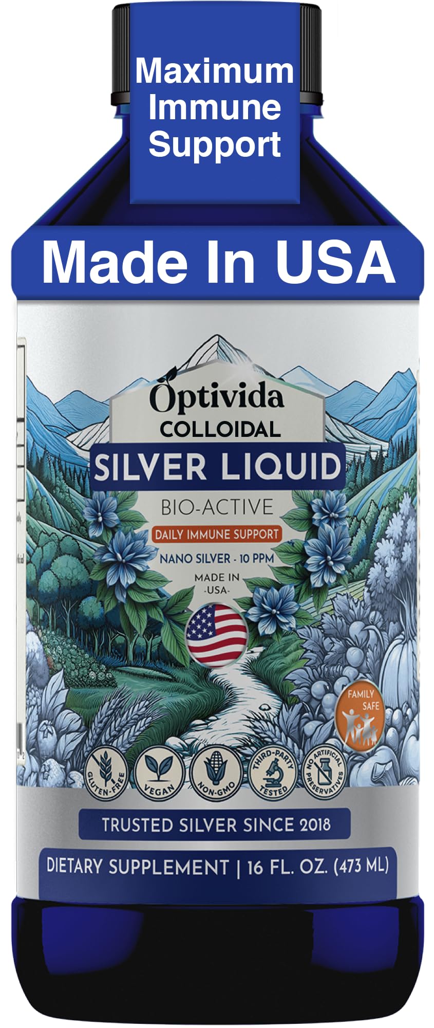 Optivida Health Nano Colloidal Silver Liquid (1 Pack) – Immune Support Supplement with Silver Hydrosol, Liquid for Immune System Support, Colloidal Silver for Adults & Kids, Non-GMO, Gluten-Free