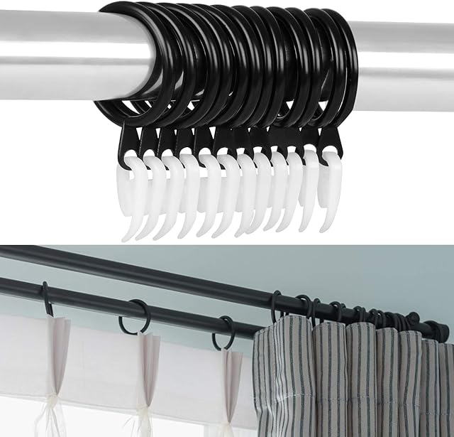 Curtain Rings, 24 Set Black Metal Curtain Rings with Curtain Hooks, Drape Sliding Curtain Hanging Rings for Pole Rod, 30 mm Internal Diameter