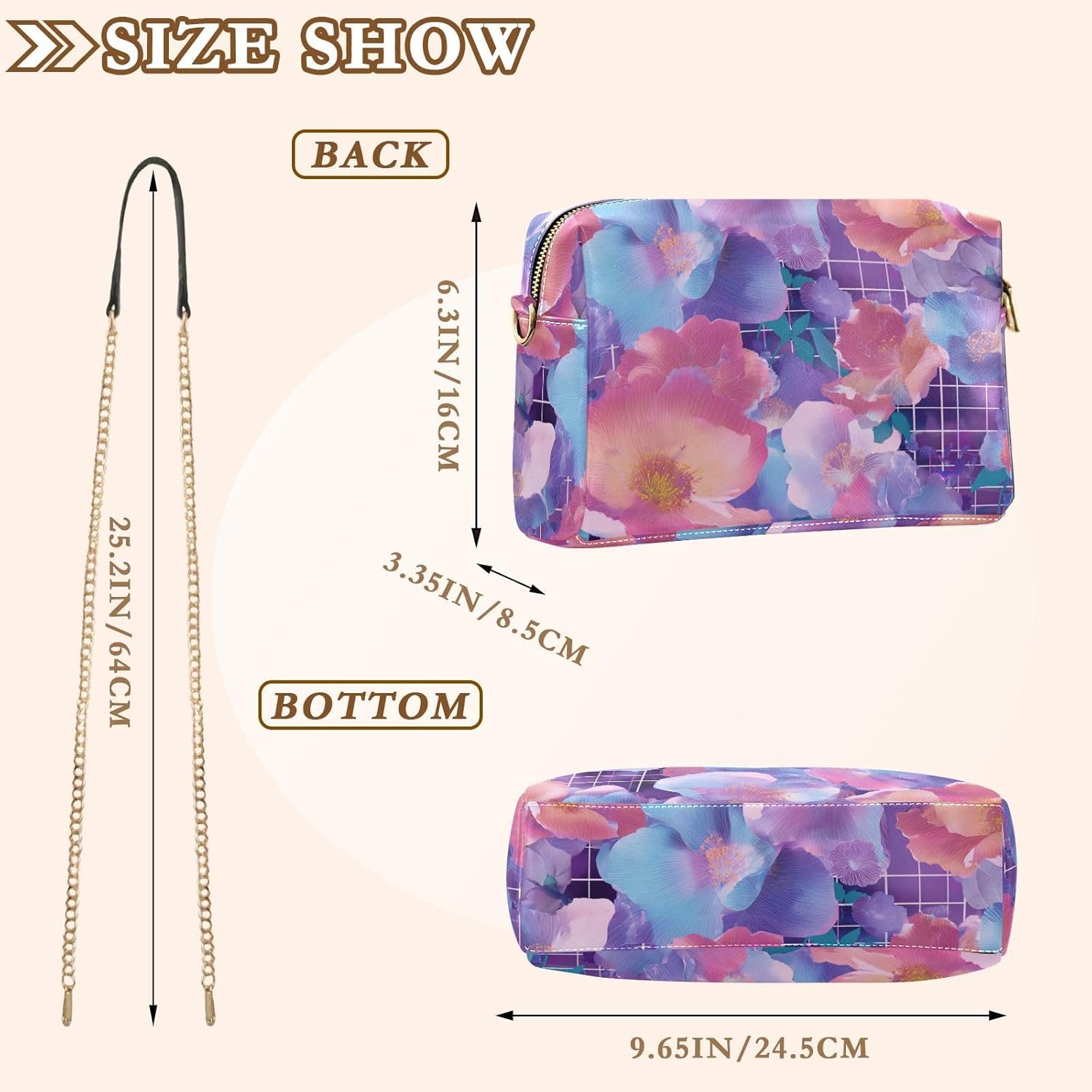 KLL Vapor Wave Style Flowers Purple Dreamy Fashion Small Crossbody Bags Vegan Leather Womens Casual Purses Waterproof Shoulder Hand Bag For Woman