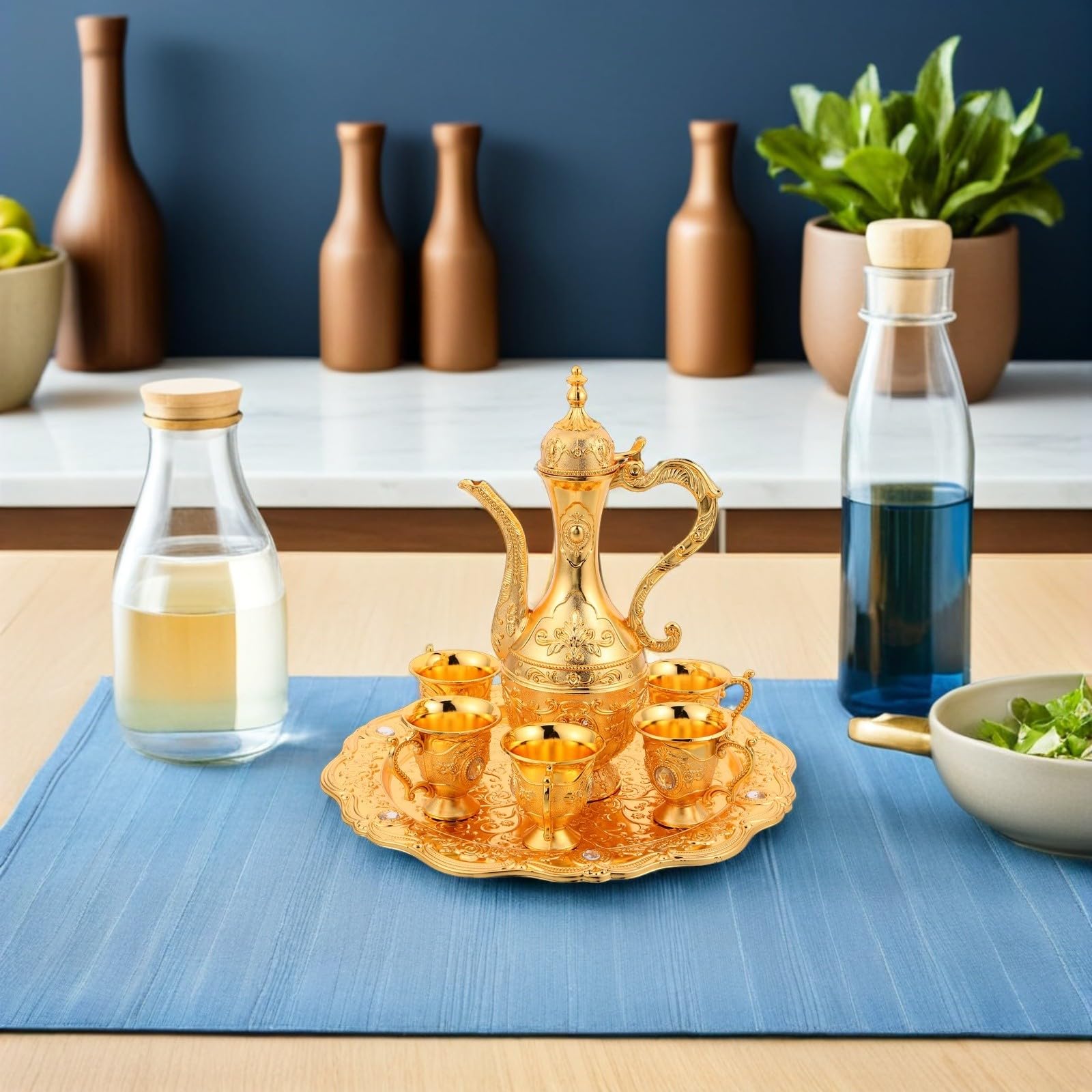 Set da Tè Turco Antico Vintage in Legno Oro con Vassoio e Piattini | Stile Europeo Moderno, Finitura Embossata con Cristalli, per Esposizione