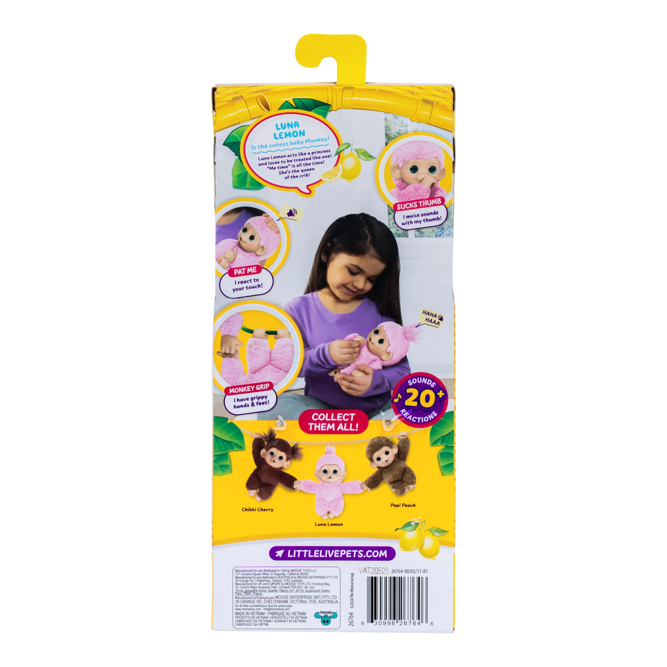 Little Live Pets Baby Monkey Minis – Luna Lemon, Juguete Interactivo, +20 Sonidos y reacciones, Suave Pelaje Rosa, 18,8 cm, Realista, Comer, cuidar, Manos y pies de Mono, 3 para coleccionar