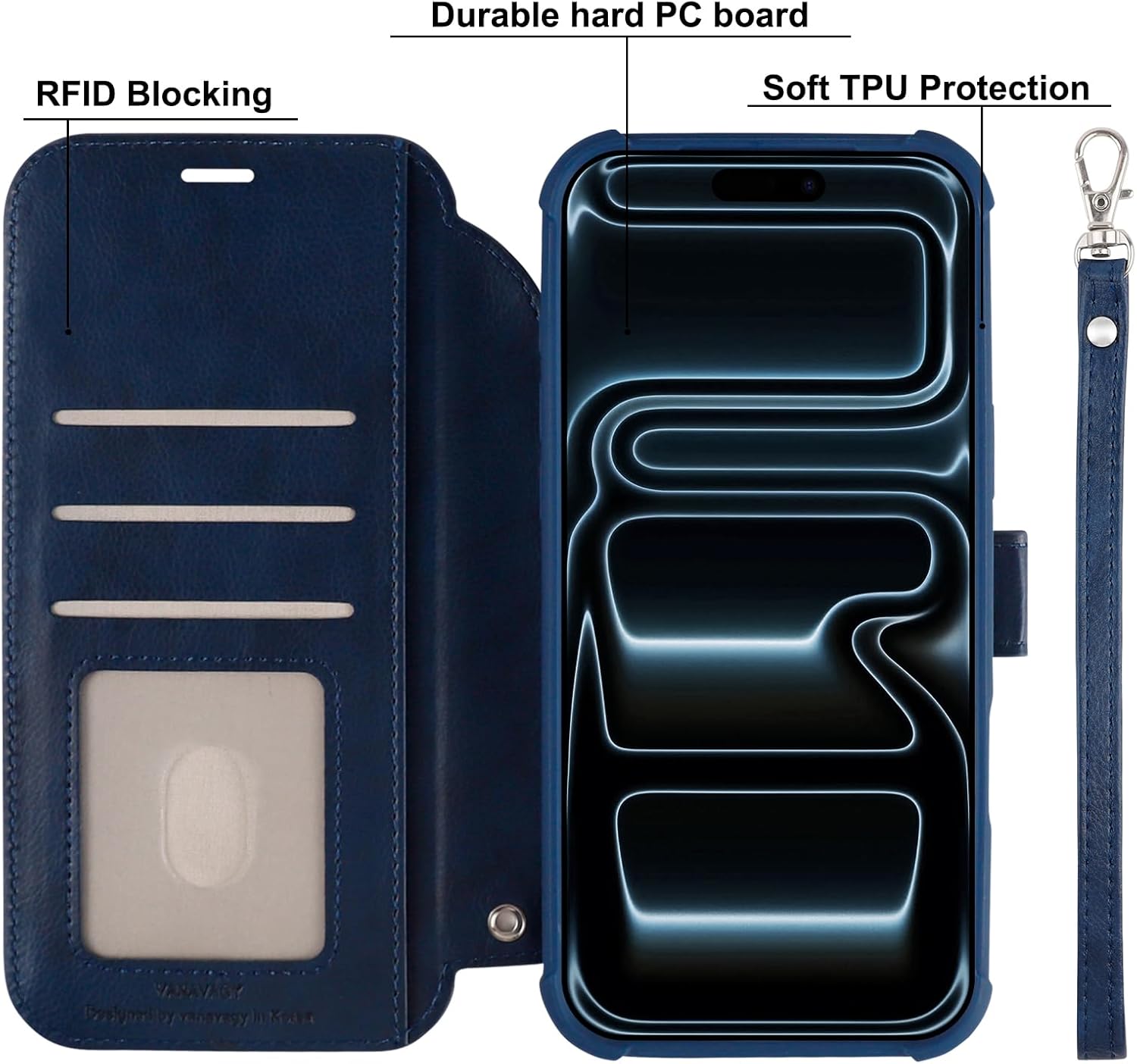 VANAVAGY Compatible for iPhone 17 Pro Wallet Case for Magsafe Wireless Charging, PU Leather Flip Folio Shockproof Phone Cover with Wristlet RFID Blocking Card Holder [Screen Protector],Navy Blue