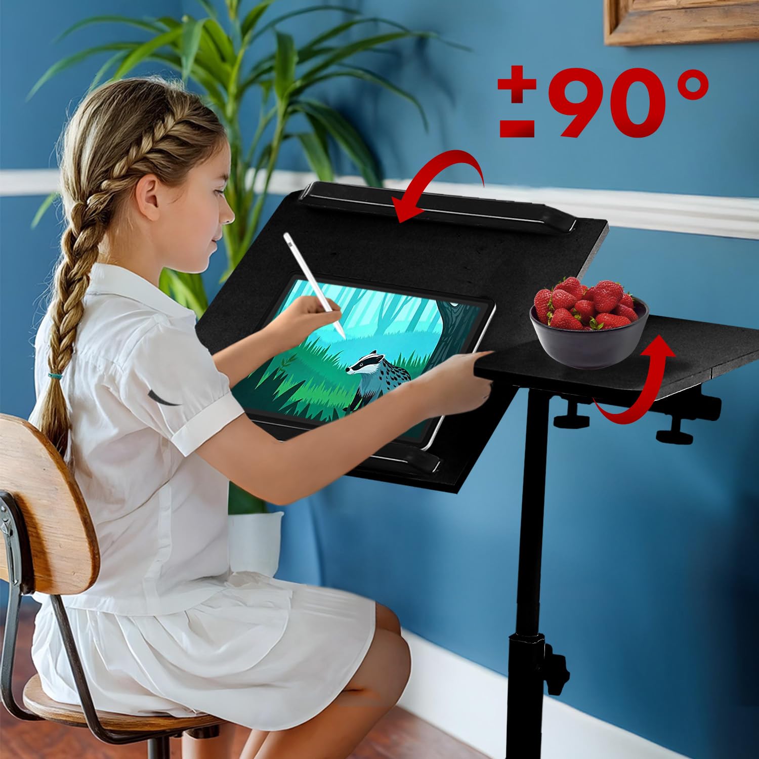 Biurko mobilne Maclean | Wysokość regulowana 59-89 cm | Podwójny blat z możliwością pochylenia 90° | Kółka z hamulcami | Nośność 30 kg | Ergonomiczne biurko komputerowe (Czarny)