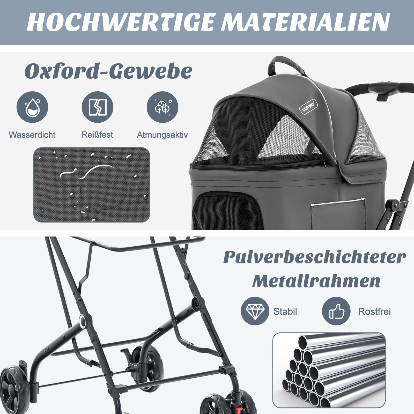 COSTWAY 3 in 1 Hundewagen, Hundebuggy 2 Etagen mit Netzfenstern & Taschen & Polstern, Oxford & Metall, Haustiere Buggy bis 16 kg, Hundebox Transporttasche klappbar, für Hunde Katzen Haustiere, Grau