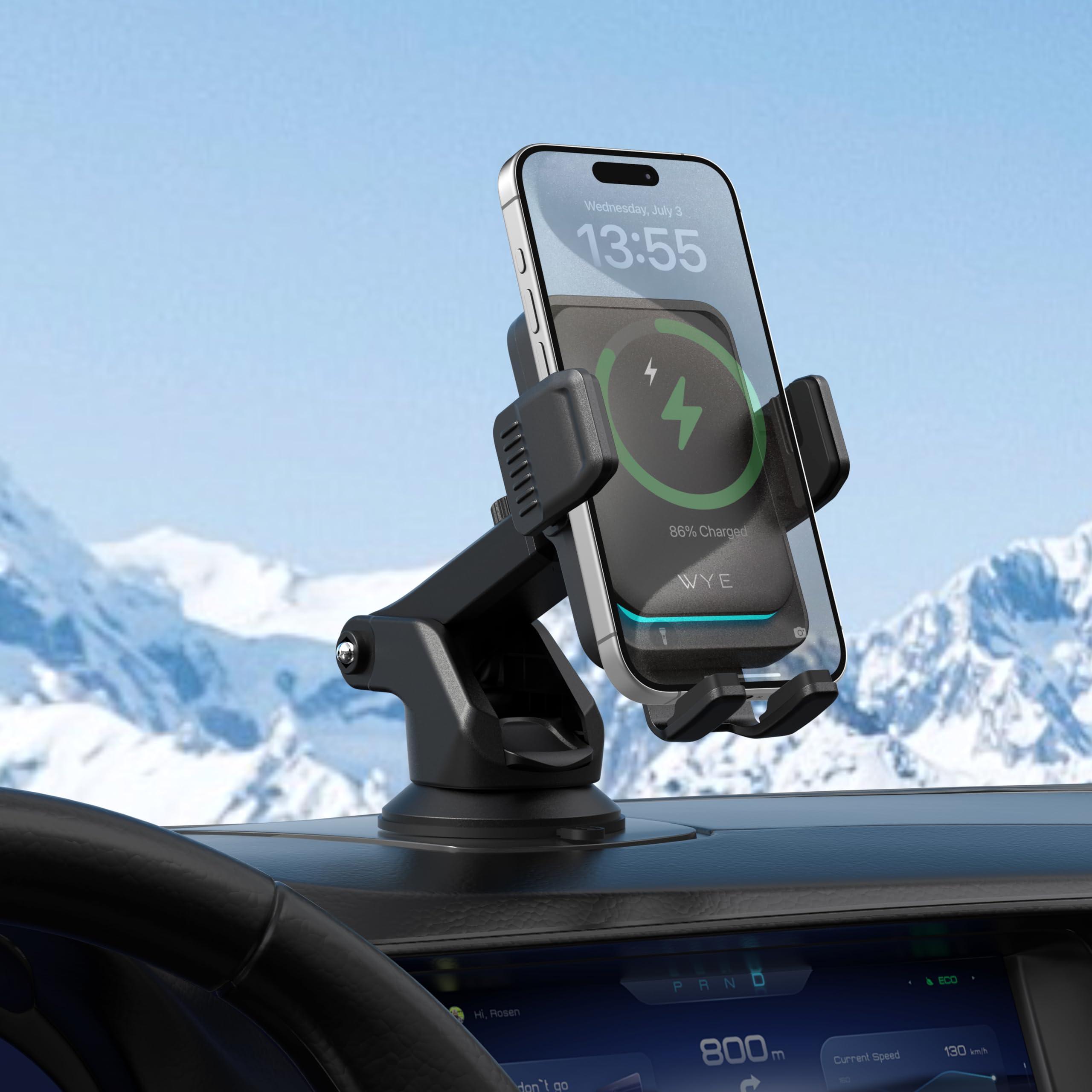WYE Cargador inalámbrico de coche de 15 W con sujeción automática inteligente, soporte para salpicadero y parabrisas, soporte de carga rápida USB-C para iPhone, Samsung y smartphones Qi, color negro