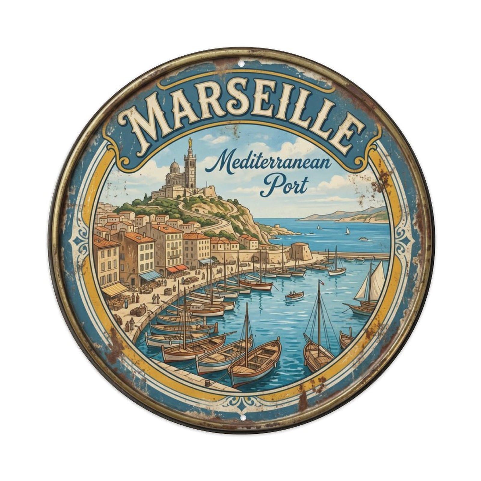 Vintage Travel Marseille Vieux Port Metal Tin Sign Plaque Wall Decor for Cafe, Club, Garden Round Metal Poster 8x8Inch