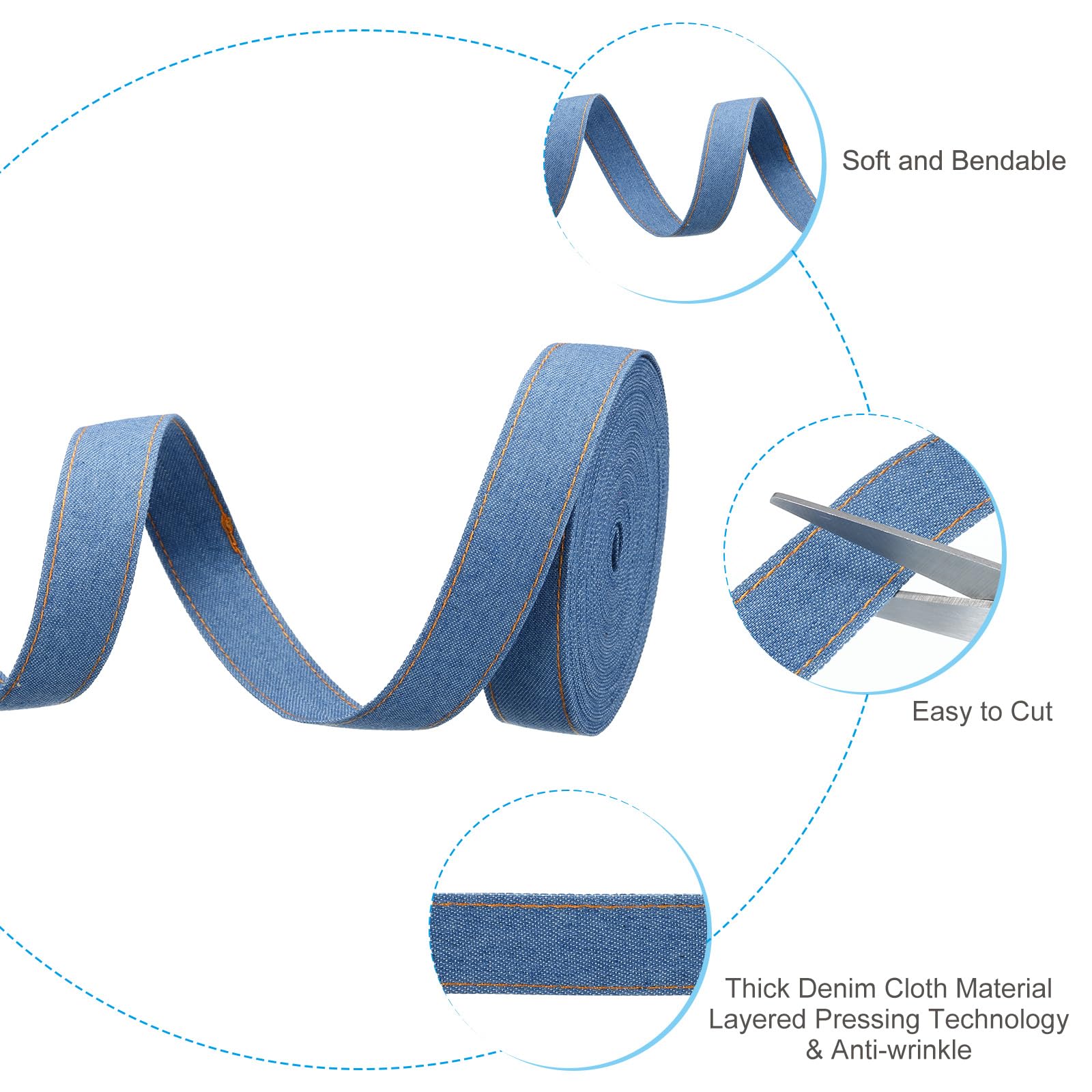 PATIKIL 1" Denim Ribbon, 1 Roll 11 Yard Layering Jean Fabric Craft Strip for Bow DIY Making Hair Clip Garment Sewing Decorations, Blue - Image 3
