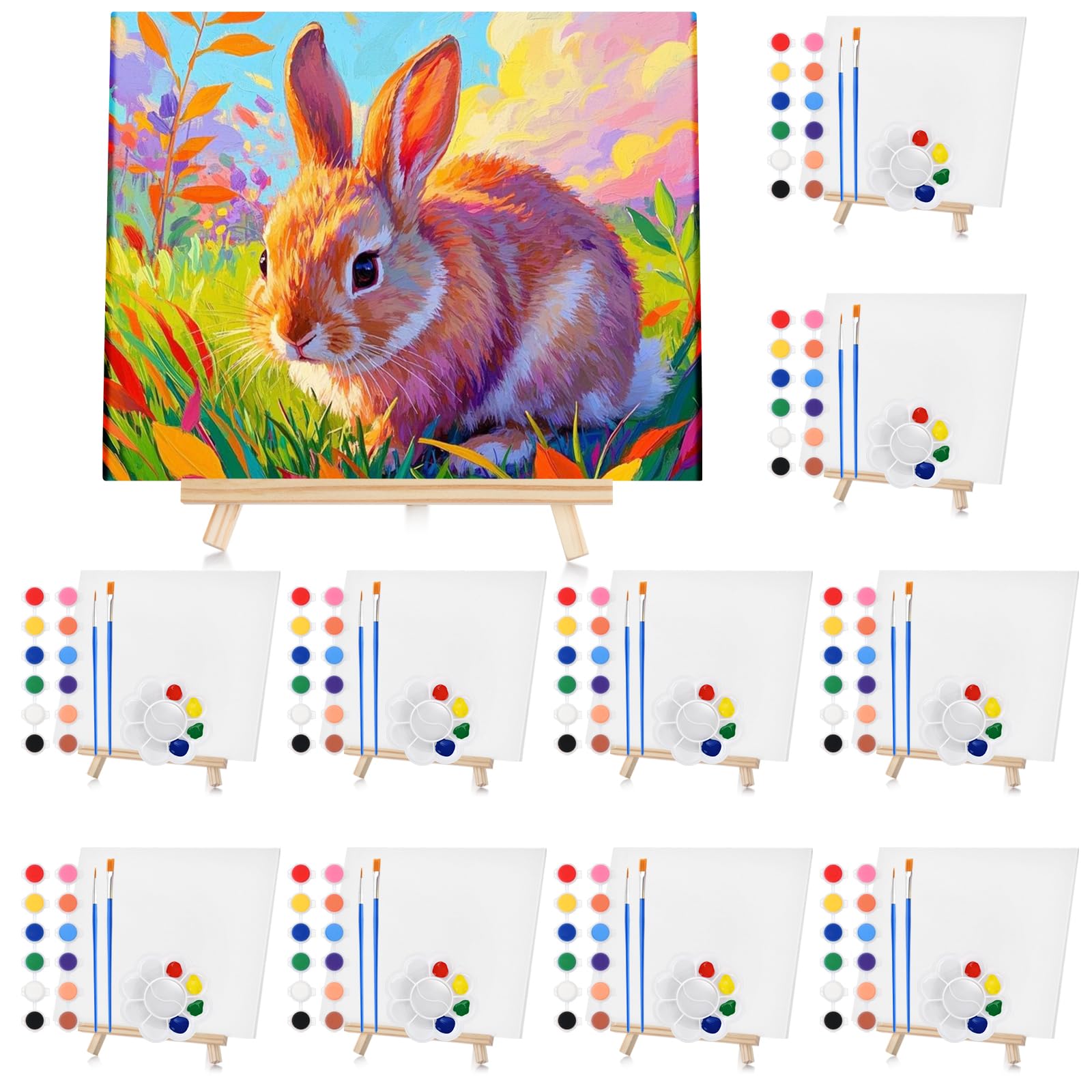 Juego de 10 lienzos de pintura acrílica, mini kit de pintura de lienzo con tableros de lienzo de 8 x 10 pulgadas, caballete de madera, 20 pinceles, pintura de 12 colores, 10 paletas, suministros de