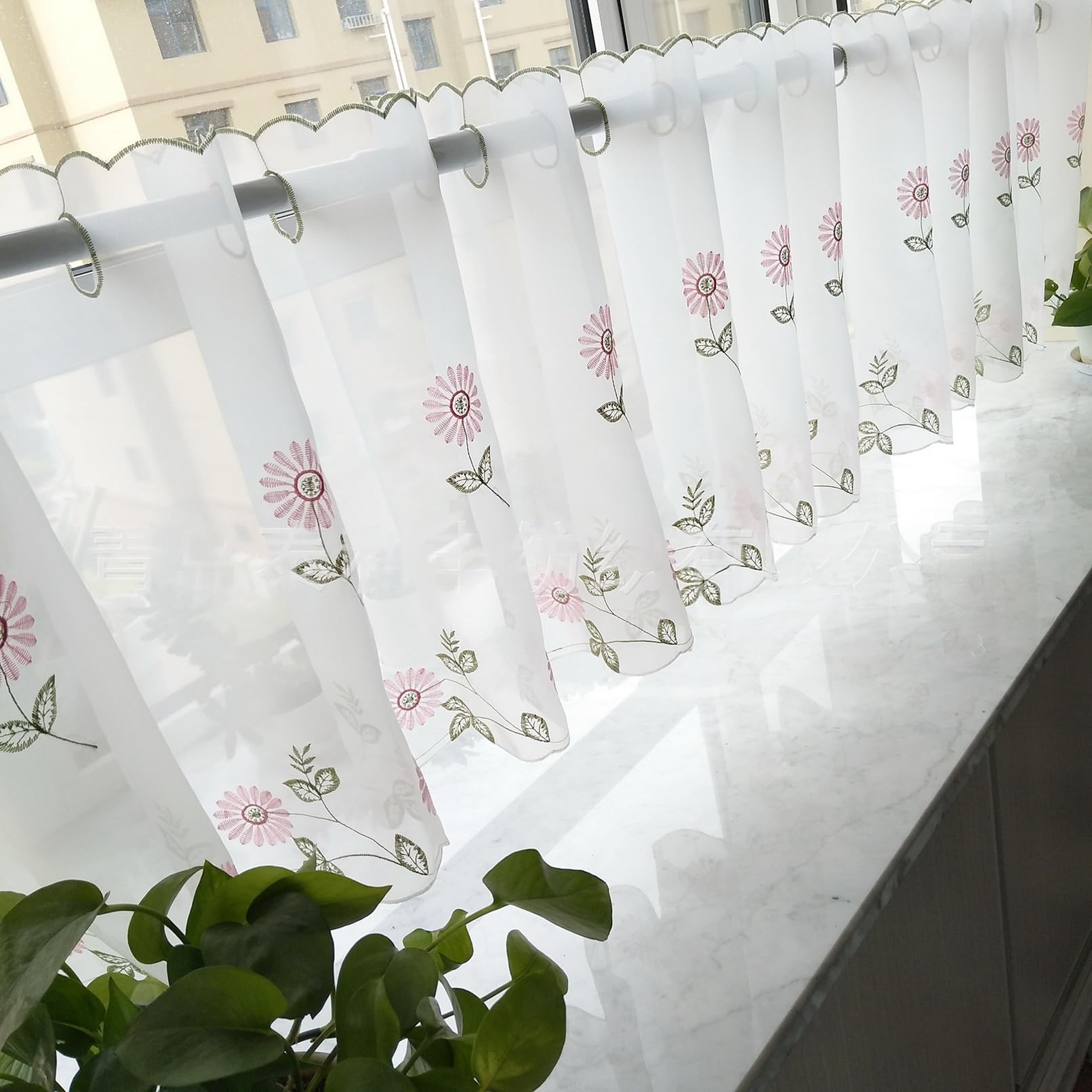 A.Monamour Short Curtain for Small Window Country Style Cafe Voile Net Daisy Flowers Embroidery Semi Transparent Window Treatment Valance Panel Drapes Kitchen Café Half Curtain Eyelet Top, Pink Voile