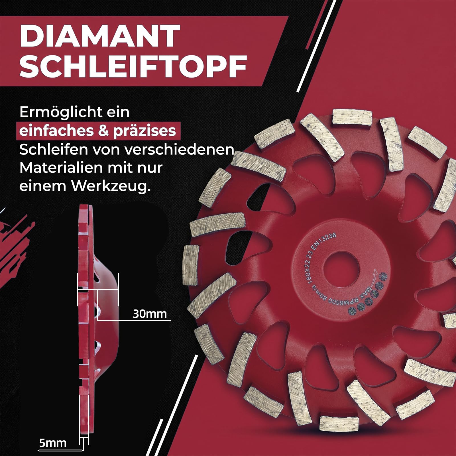 Disque Diamant à Poncer Béton 180 mm × 22,23 mm, Ponçage et Surfaçage 180 pour Granit, Pierre Naturelle, Chape, Plâtre, Marbre(rouge)