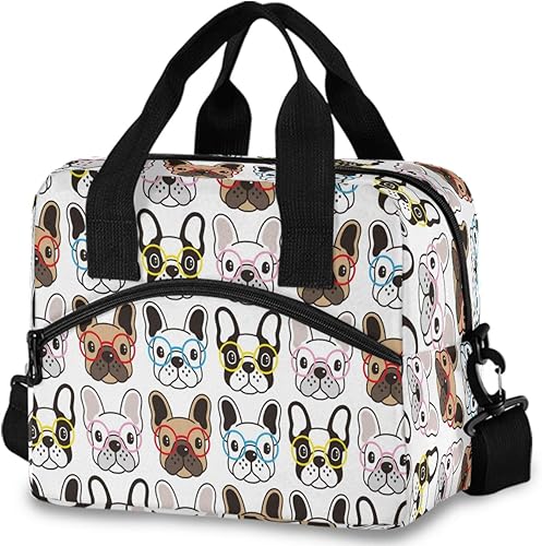 Lindos vasos de bulldog francés con diseño de animales, bolsa de almuerzo aislada, reutilizable, hielera con correa para el hombro, para el trabajo,
