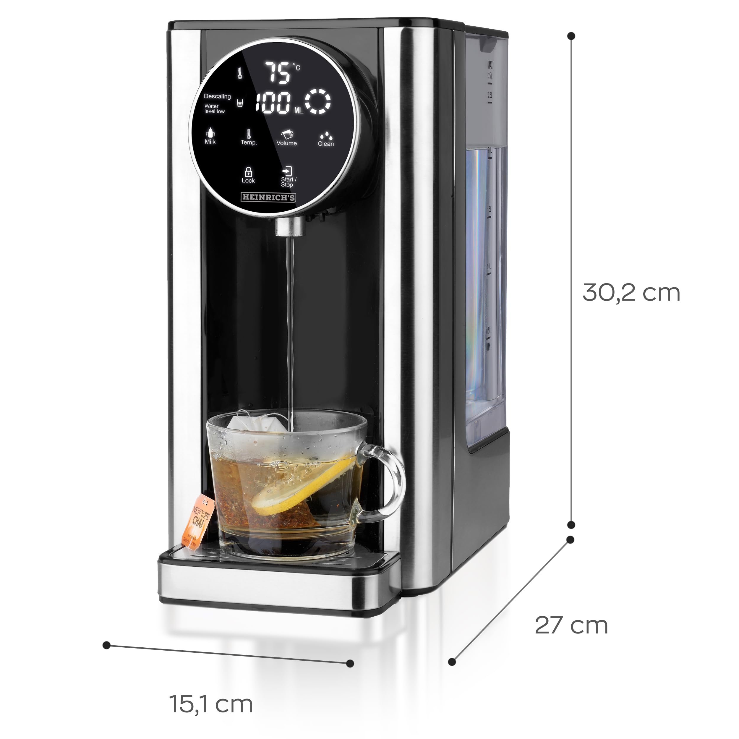Heinrich´s Heißwasserspender-Heißes Wasser auf Knopfdruck zwischen 40°-100°C,Wassermenge 100ml-400ml auswählbar, für Babynahrung geeignet, Inkl.Reinigunsfunktion+Filter, Touch-Display, 2.7