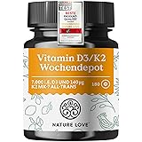 Nature Love Vitamin D3 K2 Wochendepot - 180 vegane Tabletten - 7000IE D3 + 140µg K2 pro Tablette mit 99,7% all-trans - Hochdosiert & vegan - Laborgeprüft, in Deutschland produziert