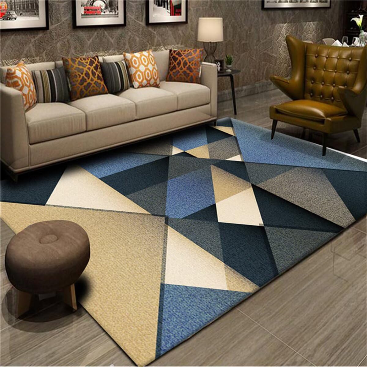 Tapis bleu 150x200cm géométrie moderne grand tapis de salon