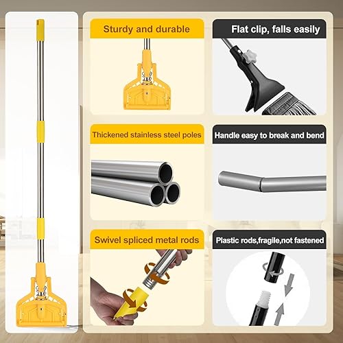 Miniatura 4 de Trapeador de algodón industrial comercial resistente, mango de metal de 61 pulgadas de largo, 1 paquete, amarillo, piso
