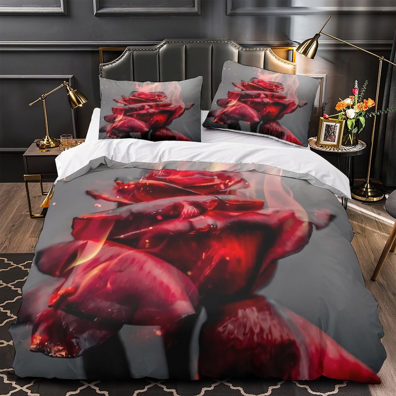 Housse de couette 220x240 rose flamboyante 3D drap de couette microfibres lit 2 personnes