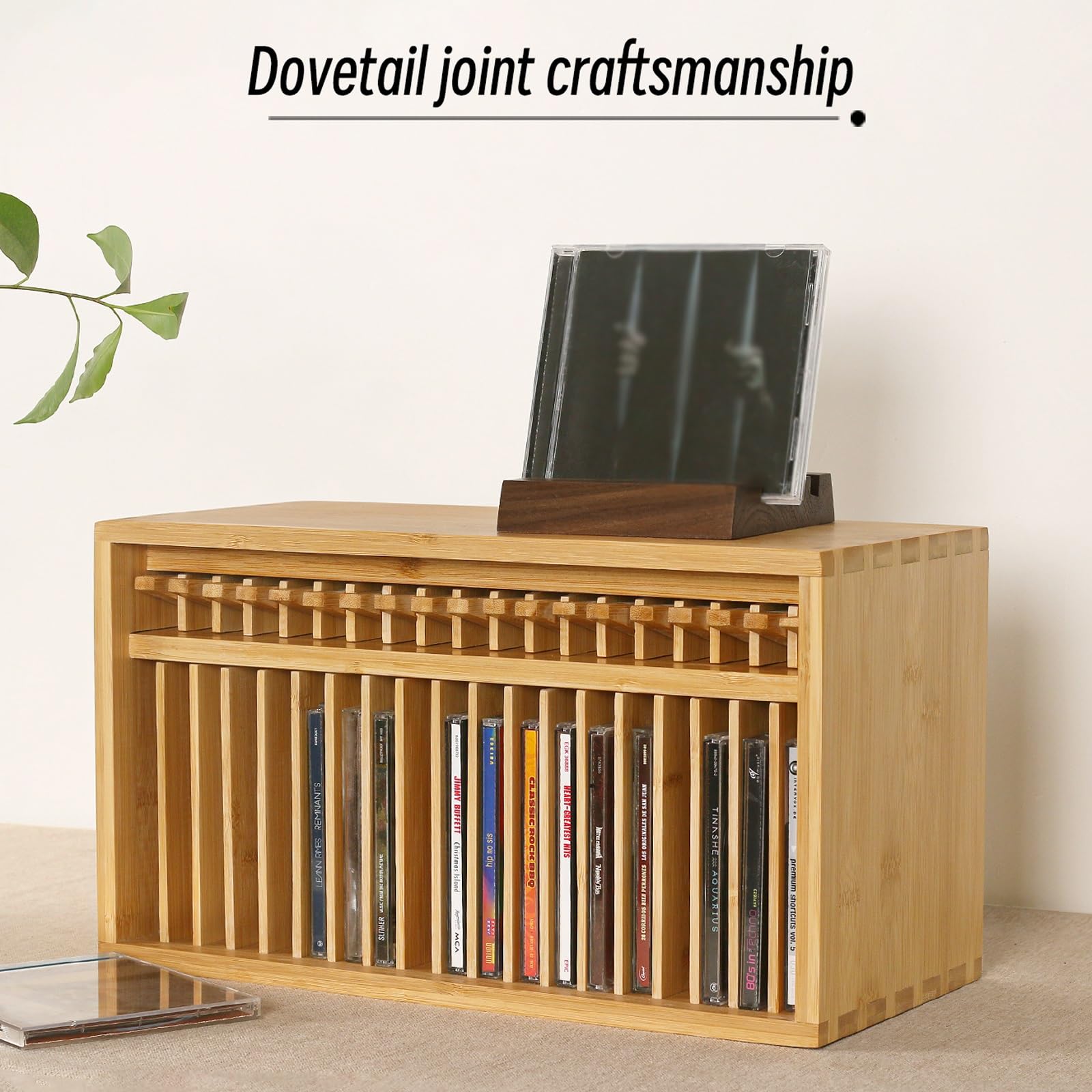 Supporto per CD da scrivania, in legno, per CD, DVD e CD, 14 x 1,4 x 14,5 cm, contiene 19 custodie standard per CD