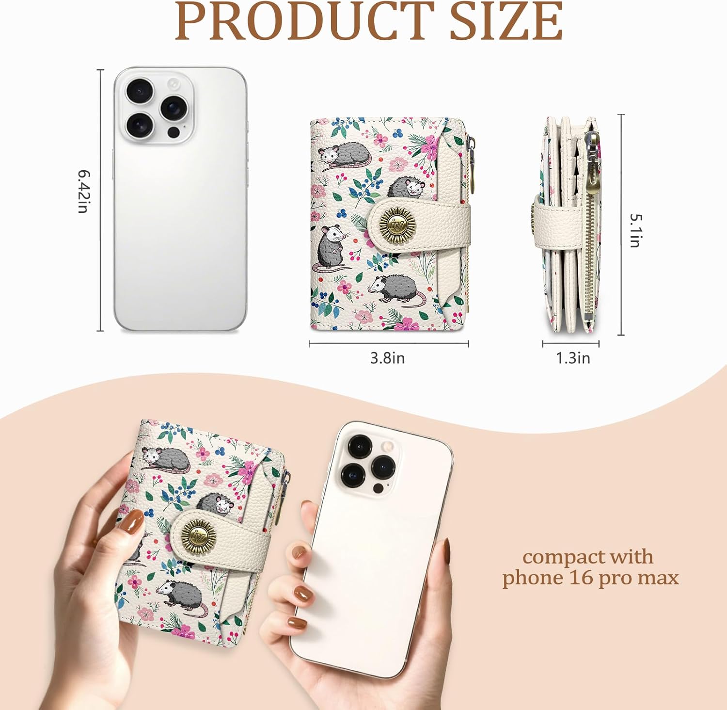 Possum Wallet Women Small RFID Blocking Bifold, Credit Card Holder, Zipper Coin Pocket, Funny Opossum, Cute, PU Leather, Compact, Travel, 14 Card Slots, Cash Purse, Ladies Woman Female Girls - Image 4