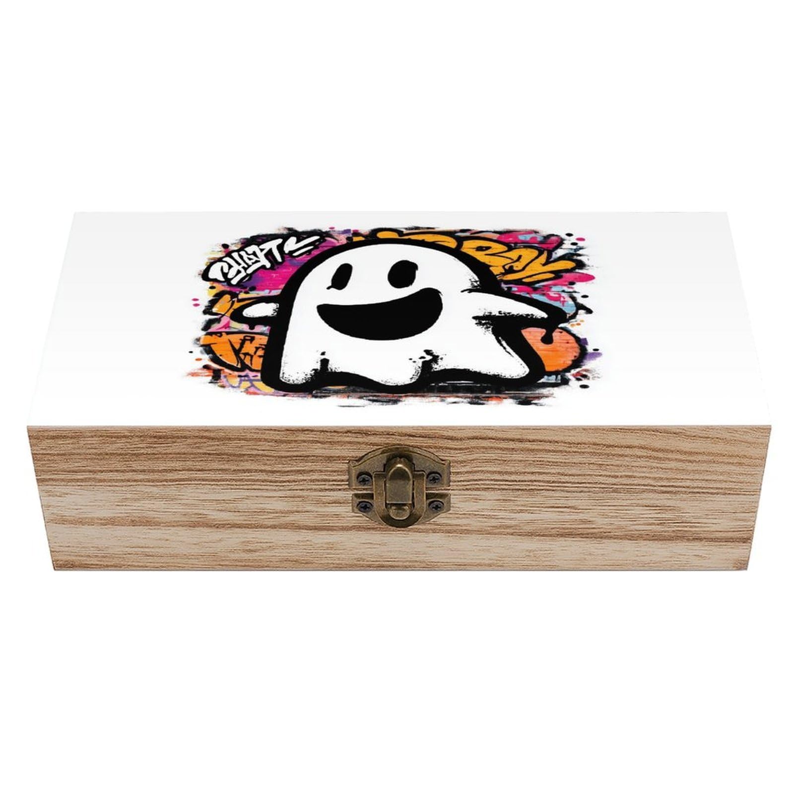 Ahdyr Graffiti-style Ghost Wooden Storage Box with Hinged Lid And Front Clasp Large Keepsake Box