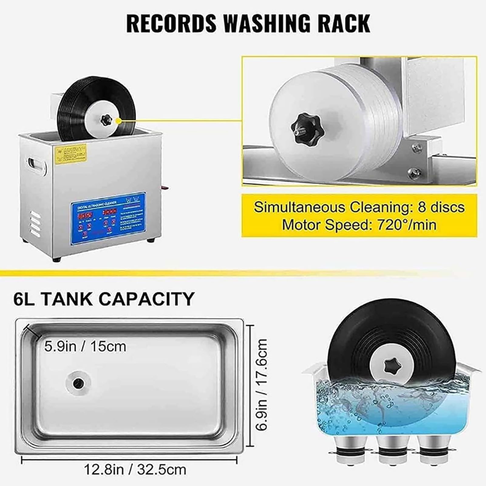 Pulitore per dischi in vinile ultrasuoni da 6L, macchina lavadischi LP riscaldata con timer digitale, pulitore profondo portatile per dischi in vinile da 7–12 pollici