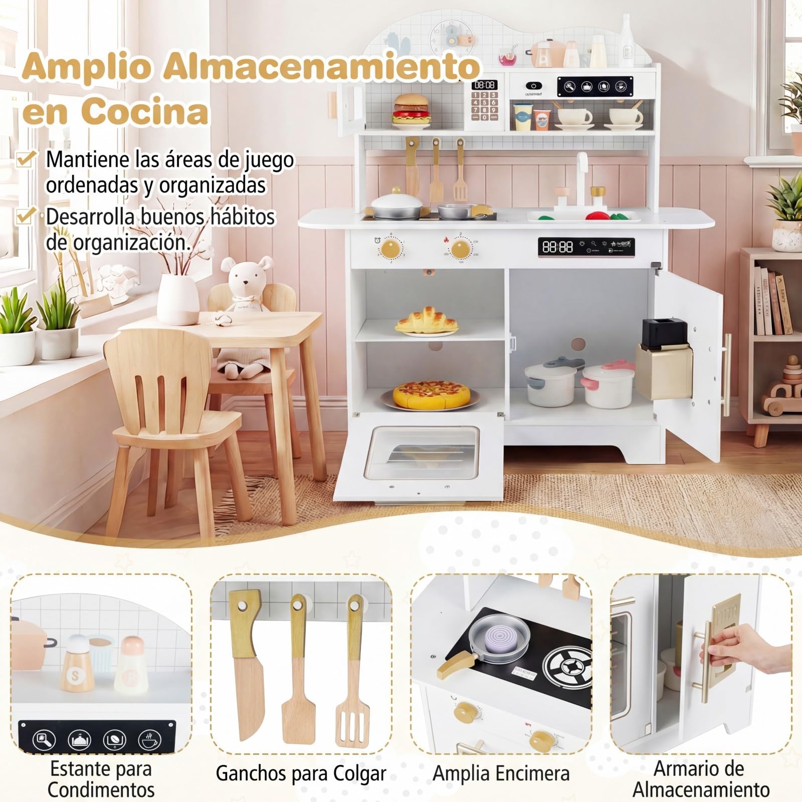 COSTWAY Cocina de Juguete para Niños, Cocinita Infantil de Madera con 17 Accesorios, Horno, Máquina de Hielo y Estufa, Cocina de Juguete para Juegos de rol, para Niños de 3+ Años (Blanco)