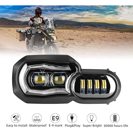 LED Scheinwerfer für Motorrad mit Angel Eyes DRL Montage, E-Mark E-Prüfzeichen, wasserdicht DC12-24 V Scheinwerfer für F650GS F800GS F700GS F800GS ADV F800R