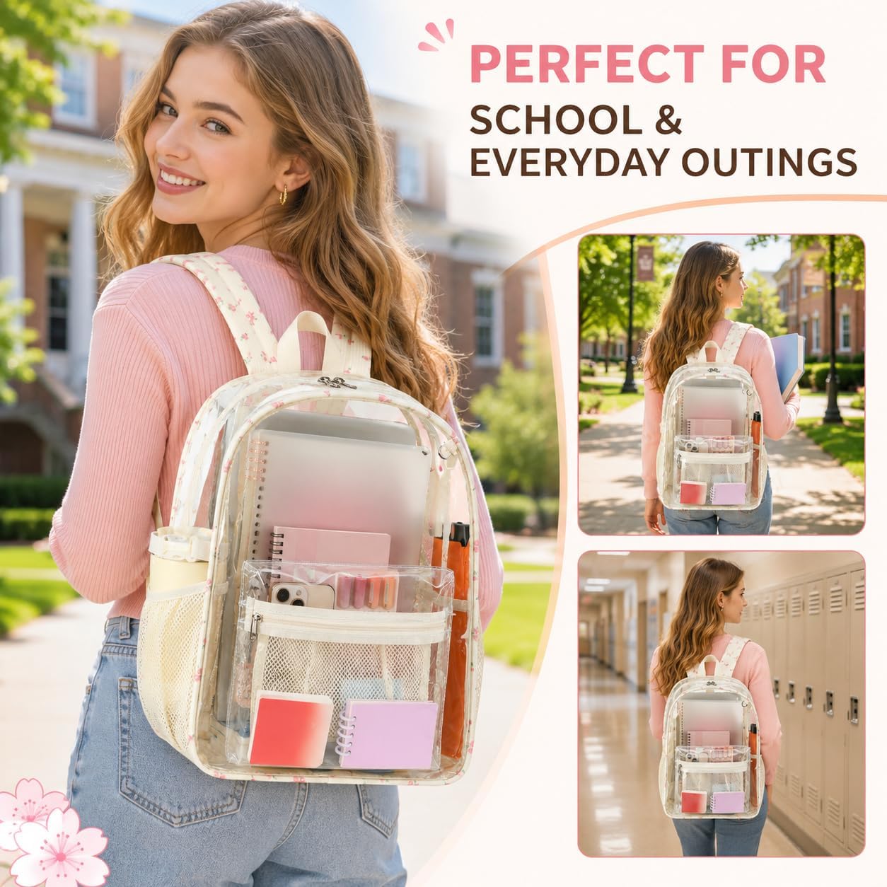 BTOOP Clear Backpack for Women, Large 16.5-Inch Transparent Backpack 6 Pockets and 40 oz Tumbler, Pink Bow Trim for College, Work and Travel image 2
