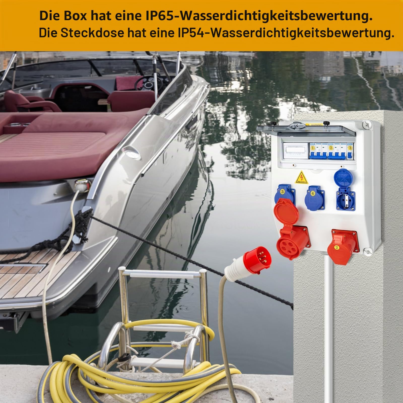 Baustromverteiler,IP65 Wasserdicht Stromverteiler mit Leitungsschutzschalter und Stromzähler,Wandverteiler mit IP54 230V/16A Schuko Steckdose und 380V/16A CEE Steckdose,Ramped Socket Box