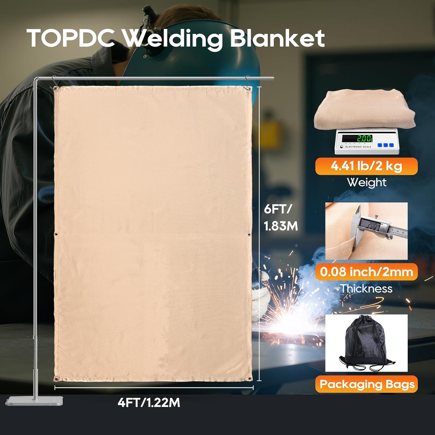 TOPDC 2 Pack Welding Blanket 4x6 ft Heavy Duty Fiberglass Heat Resistant Welding Blanket, 1022°F Heat Resistant Fabric Thickened Weld Cover with Grommets, Thermal Insulation Blanket for Smoker Grill