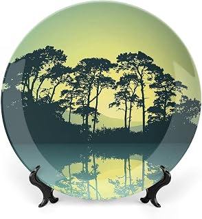 6 Inch Decorative Plate, Mystic Forest Ceramic Craft, Trees Abstract Mountain View and Lake River Print Ceramic Wall Hanging for Fine Dining For Upscale Events, Dinner Parties, Weddings, Catering