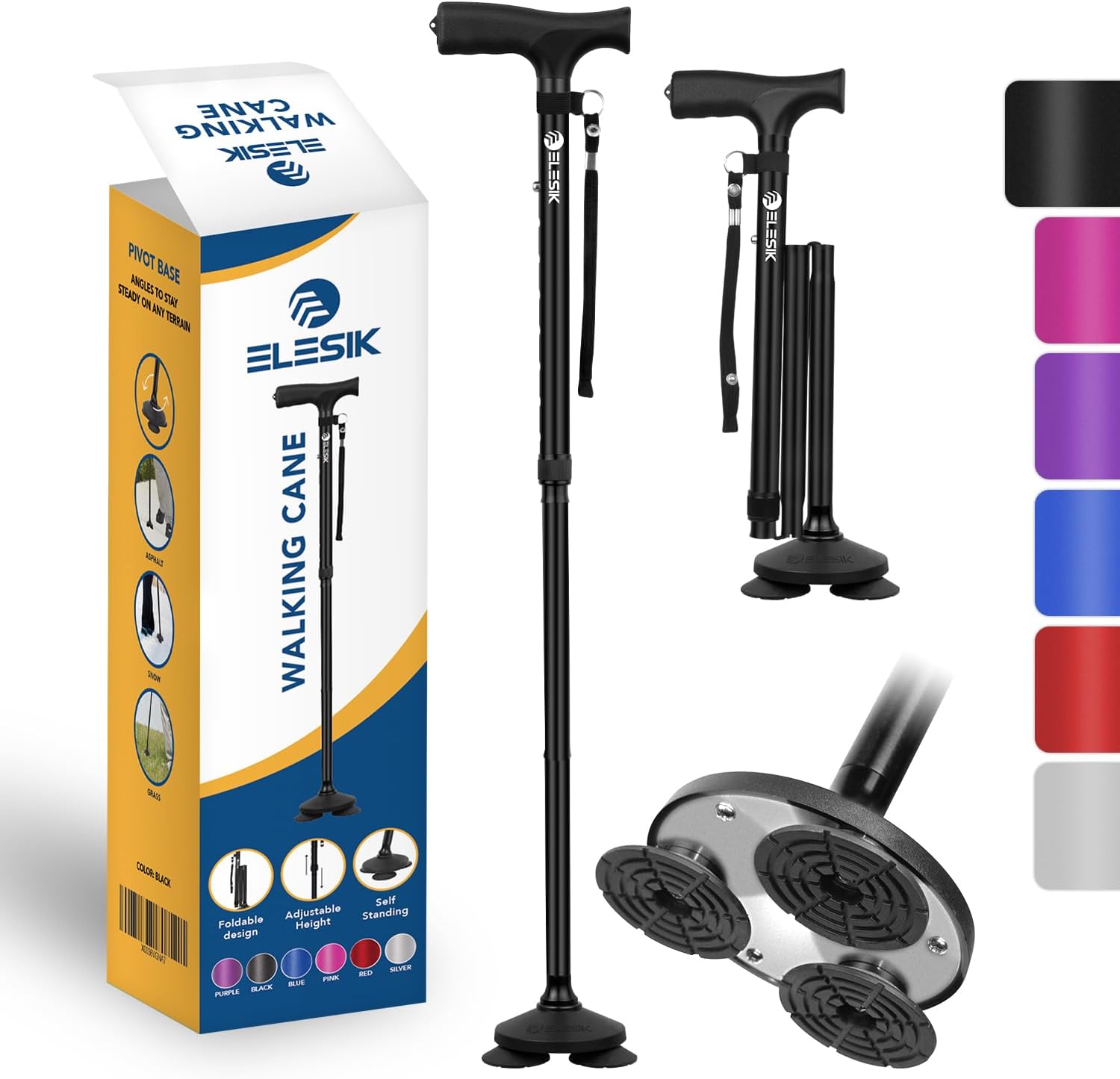 Folding Walking Cane - Adjustable, Heavy Duty with T Handle & Pivot Base, Nylon Strap for Women & Men