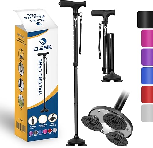 Bastón plegable para caminar, ajustable, resistente con mango en T y base de pivote, correa de nailon para mujeres y hombres