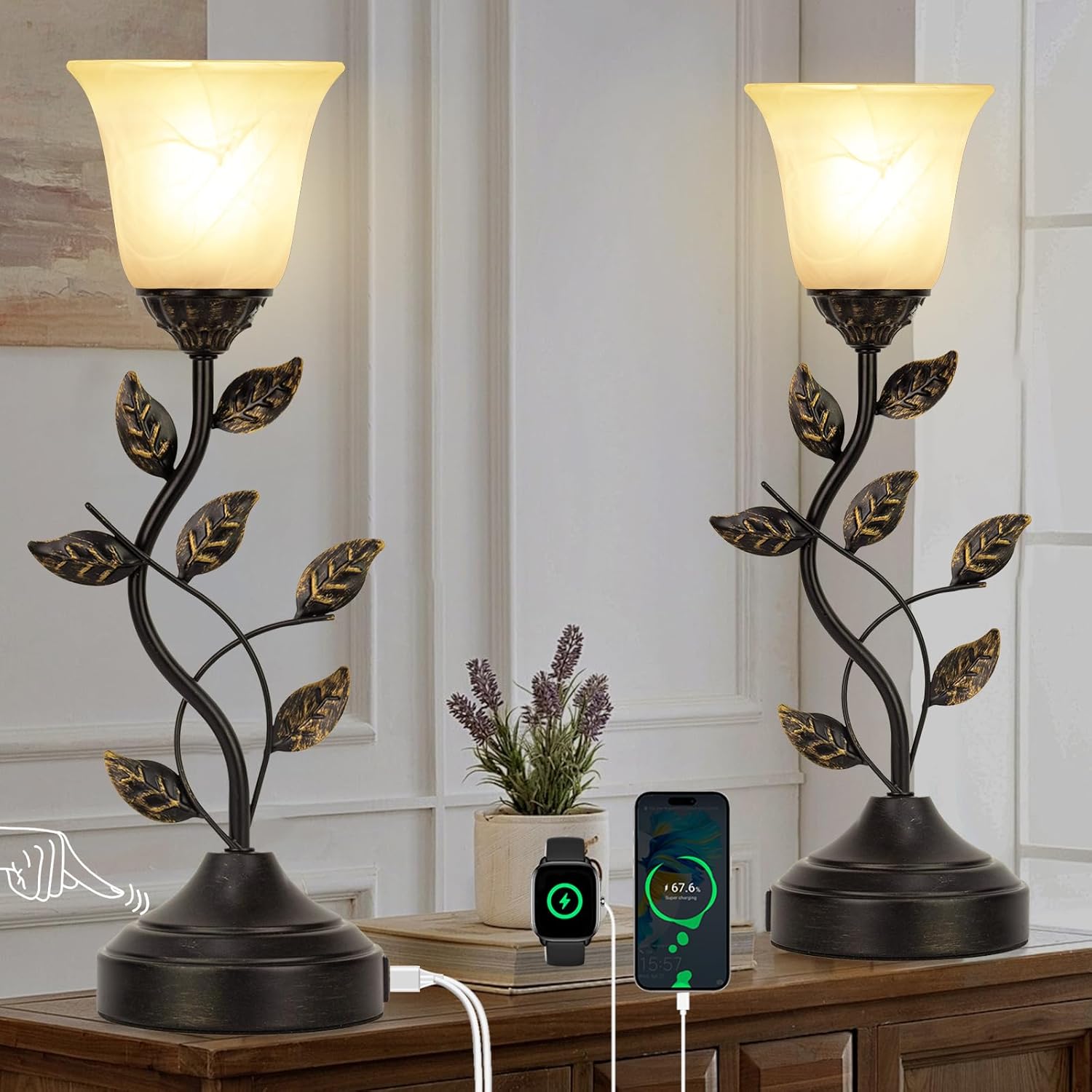 Bedside Lamps Set of 2, 20 Inch Retro Style Table Lamp for Bedroom Touch Control 3-Way Dimmable with USB C+A Charging Ports, Torchiere Lamps for Night Stands Metal Leaf and Glass Shade, Bulbs Included