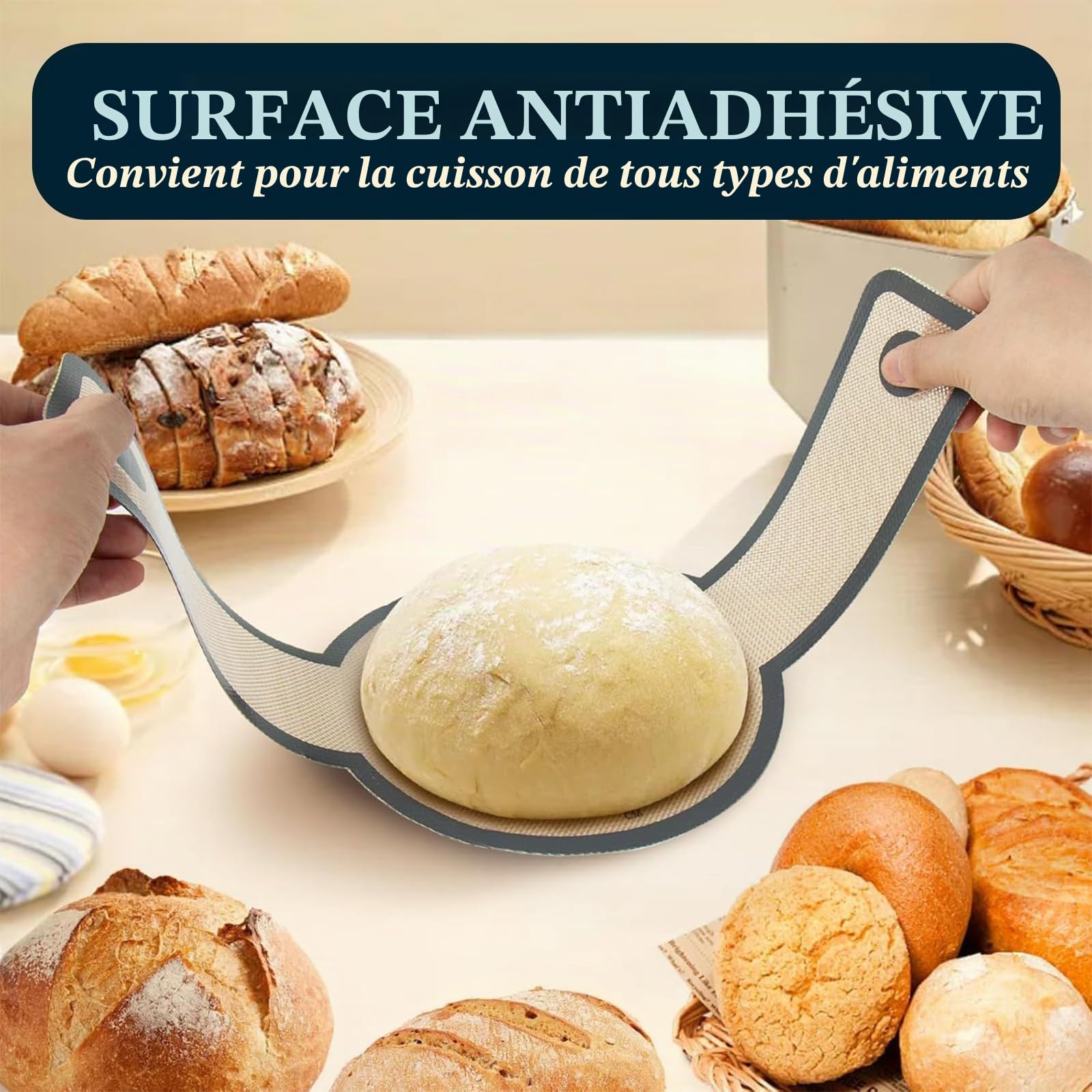 Tapis de Cuisson en Silicone pour Four Hollandais Lot de 2 Antiadhésif Réutilisable avec Poignées Anti-Brûlures Compatible Pizza Pain au Levain Rond Ovale
