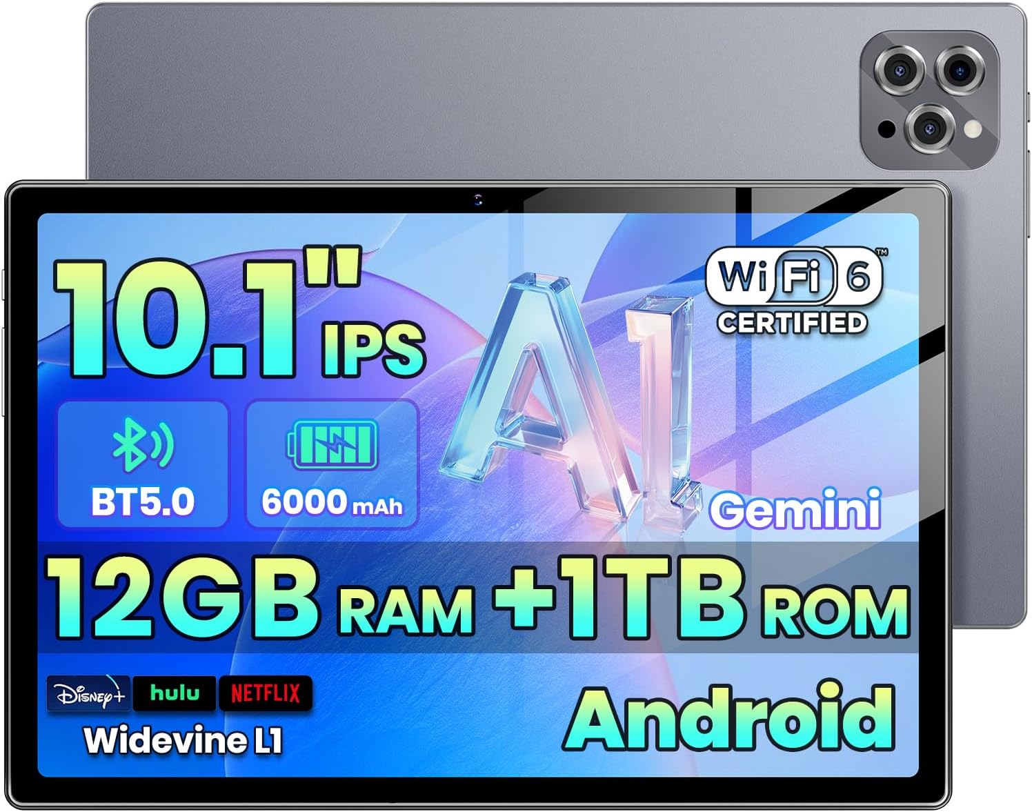 2026 Android Tablet with Gemini AI, 12GB+64GB+1TB Expand, 10.2inch Tablet,Octa-core CPU, Dual Camera, WiFi6, 6000mAh Battery2026,Widevine L1, Split Screen, Family & Work (Gray)