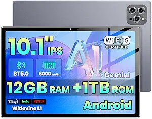 2026 Android Tablet with Gemini AI, 12GB+64GB+1TB Expand, 10.2inch Tablet,Octa-core CPU, Dual Camera, WiFi6, 6000mAh Battery2026,Widevine L1, Split Screen, Family & Work (Gray)