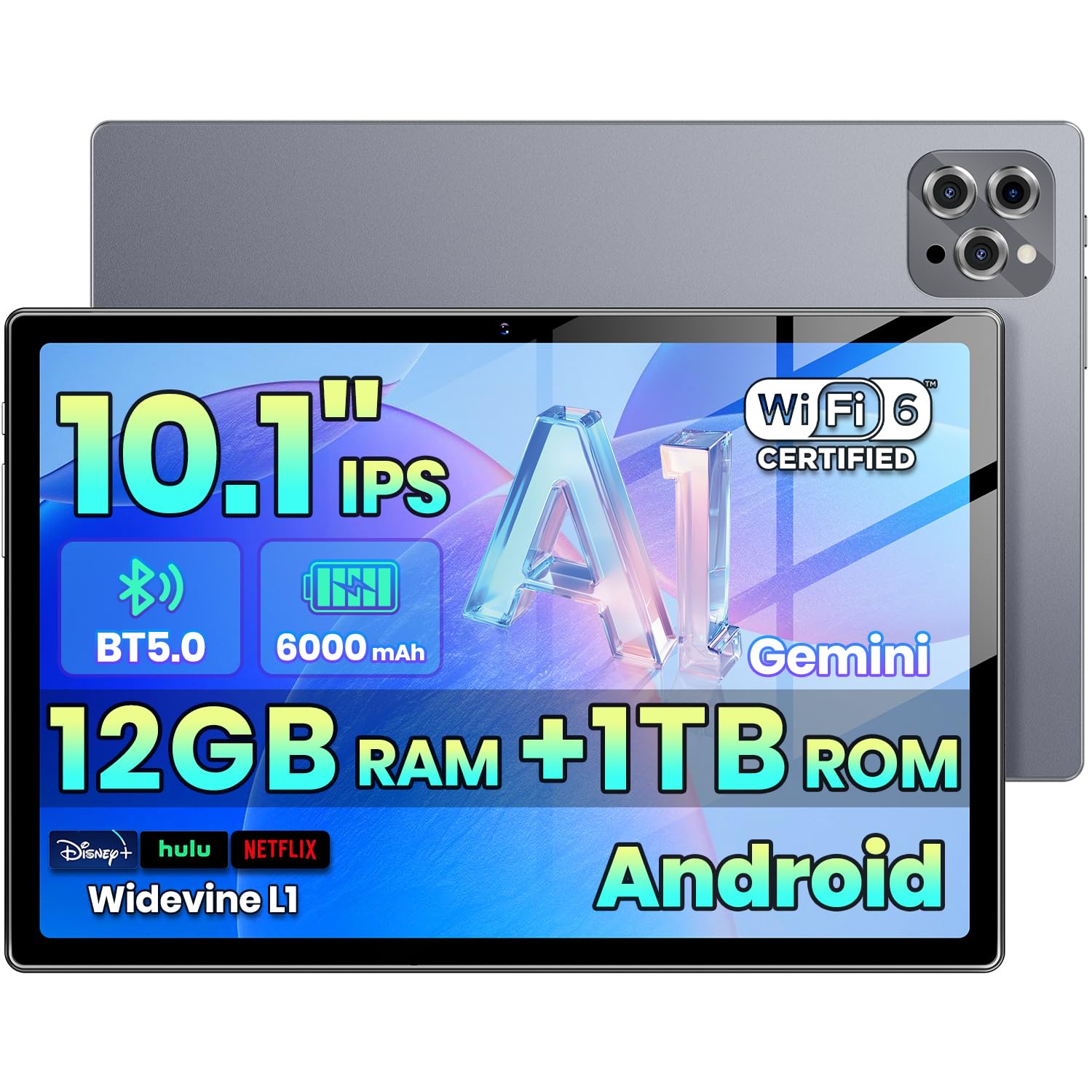 Photo 1 of 2026 Android 15 Tablet with Gemini AI,16GB+1TB Expand, 10.1 inch Tablet,Octa-core CPU, Dual Camera, WiFi6, 6000mAh,Widevine L1,Split Screen,Family & Work,mothers day birthday gift mom her (Gray)