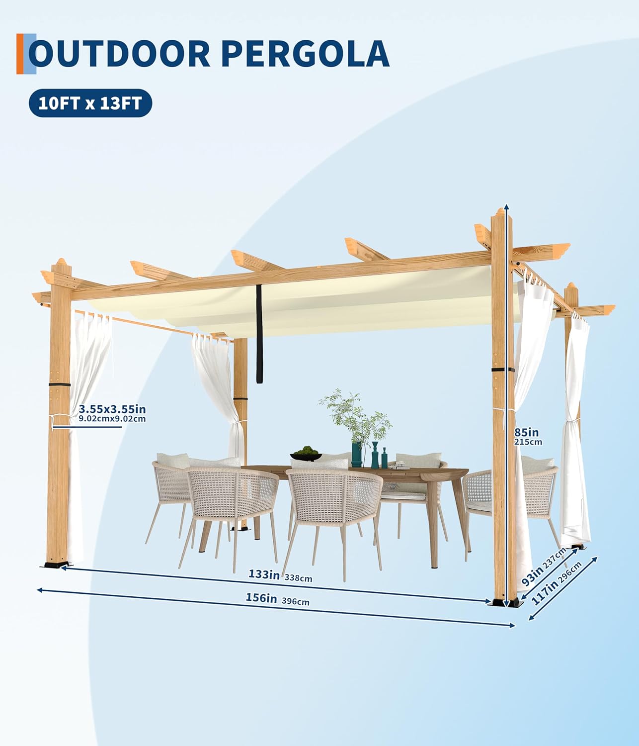 GAOMON 10x13 Ft Outdoor Aluminum Pergola, Heavy-Duty Woodgrain Patio Pergola with Retractable Canopy Sun Shade & Side Mesh Curtain, Metal Gazebo for Existing Deck Backyard Garden, Beige
