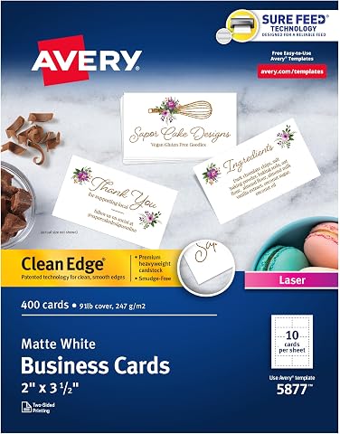 Avery Clean Edge Yazdırılabilir Kartvizitler, Emin Besleme Teknolojisi, 2" x 3.5", Beyaz, Lazer Yazıcılar için 400 Boş Kart (5877)