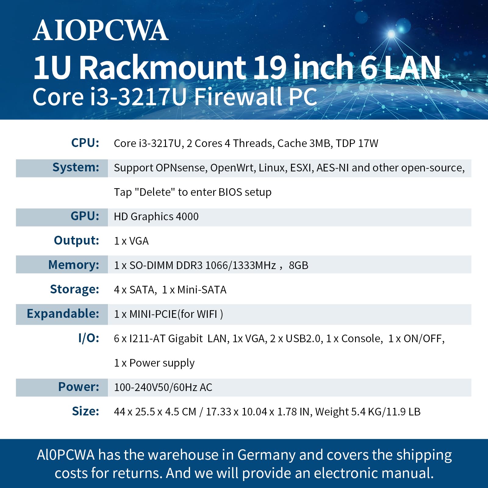 1U Rackmount Firewall Appliance i3-3217U, 6 × Gigabit I211AT LAN, OPNsense Router Hardware, 19 Inch Network Server Barebone DDR3 No RAM/SSD/OS, VGA, SATA3.0, Console
