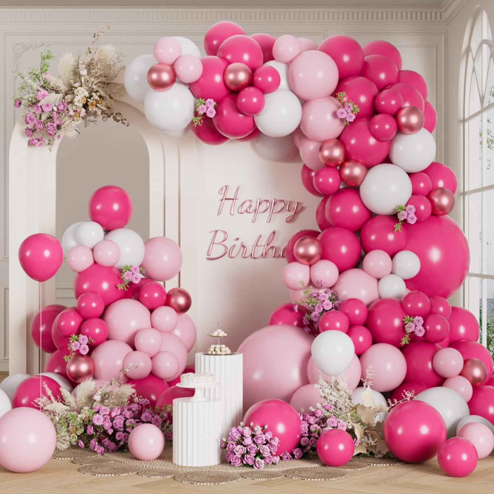 RainbowQ Party Hot Pink Balloons Arch Kit, 165PCS Metallic Latex Balloon 18/12/5 Inch Helium Garland for Anniversary Birthday Wedding Bridal Shower Party Decorations