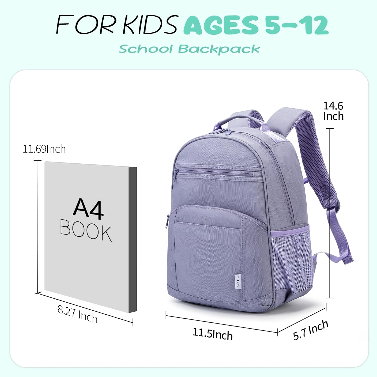 NOL Natural Organic Lifestyle Kids Backpack, School Backpacks for Teens Girls Boys, School Bookbag with Pencil Bag & Reflective Stripe for Elementary School - Light purple - Image 2