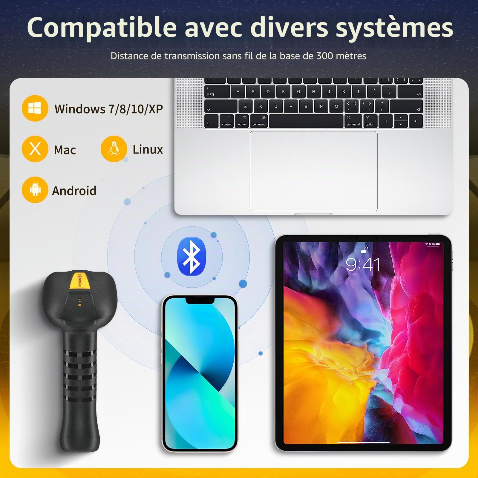 NetumScan Lecteur de codes-barres Bluetooth sans fil 1D/2D de qualité industrielle, batterie 2600 mAh avec station de charge, compatible avec POS, PC, iPhone, Android pour vente au détail (jaune)