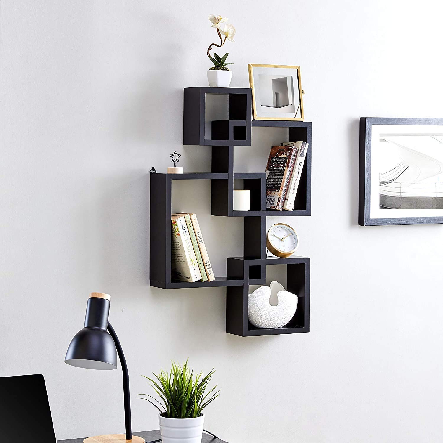DecorDen Intersecting Wall Shelf for Wall Decoration/Wall Shelves Set of 4 Black/Wall Rack for Home Decor/Book Shelf for Office Decor (Black) (Engineered Wood)