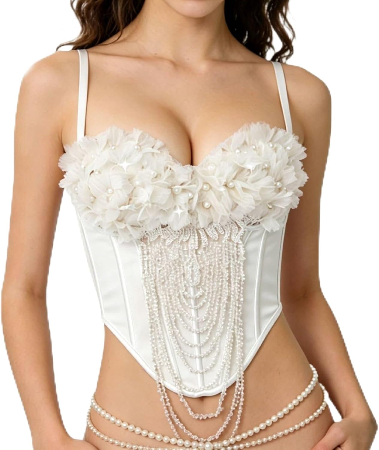 Women's Bustier Tops Handmade Floral Tassel Pearls Underwire Boned Adjustable Strap Push up Corset Top for Party